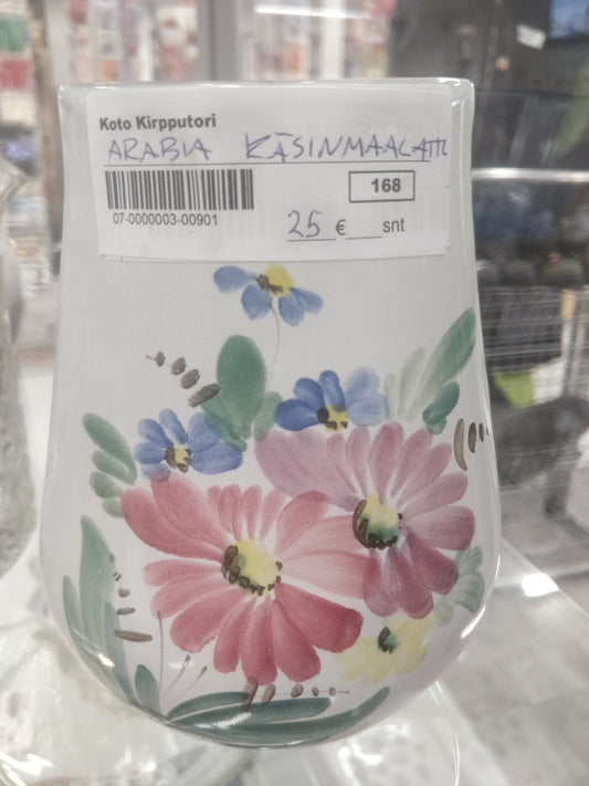 Arabia: Käsinmaalattu kukkaruukku – Valkoinen kukkakuviolla